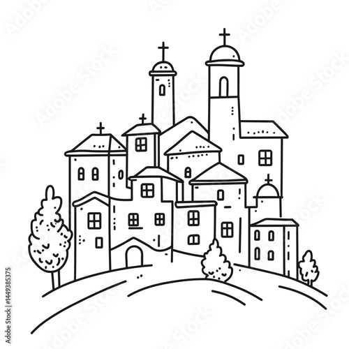 Blackline drawing of a quaint village with church towers on a hill  