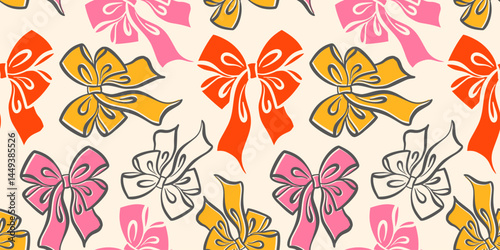 Ribbon bow seamless pattern with cute trendy knots. Vector vintage girly background for holidays and party decoration. Flirtatious pink satin hair accessories