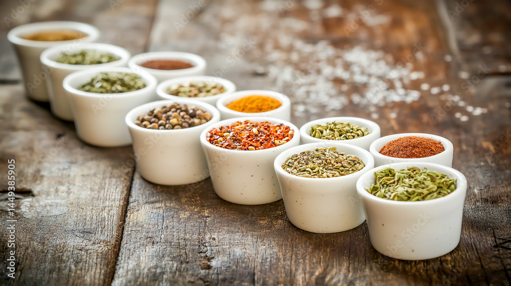 Seasonings and spices in cups on rustic table, culinary spice background Seasonings and spices in cups on rustic table, culinary spice background