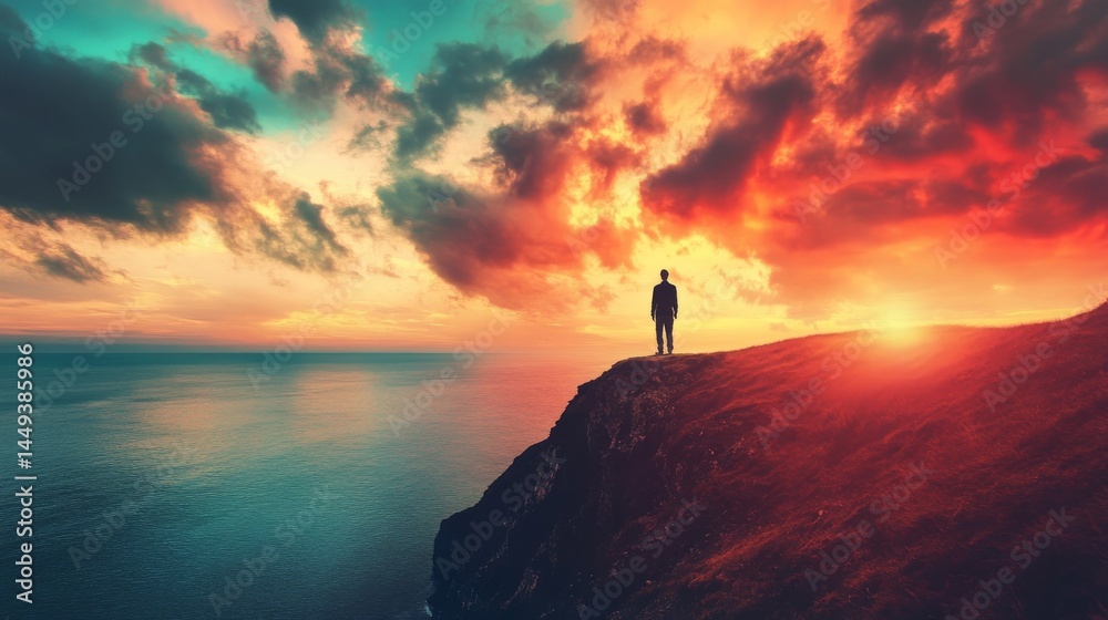 Silhouette of a man standing on a cliff overlooking a colorful sunset over the ocean. Silhouette of a man standing on a cliff overlooking a colorful sunset over the ocean.