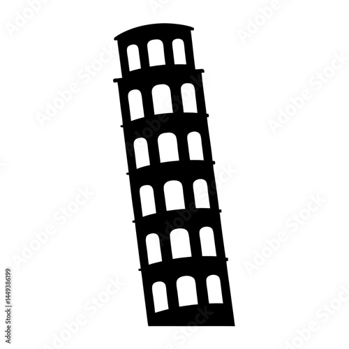 Black silhouette illustration of the leaning Tower of Pisa with white background