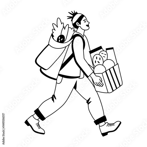 A glyph illustration of character carrying groceries 
