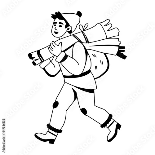 A character carrying firewood illustration in glyph style 
