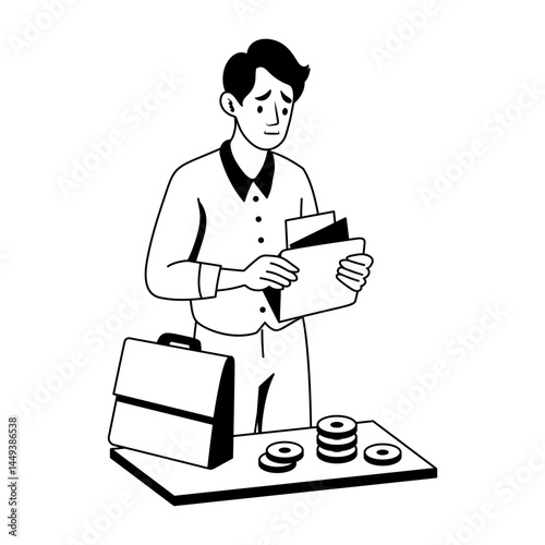 A glyph illustration of man holding empty wallet depicting he has no money 
