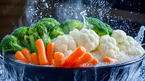 Steaming hot vegetables like carrots, broccoli, cauliflower in black bowl
