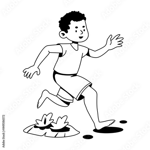 Child running with barefoot on ground illustration in glyph style 
