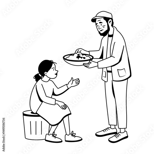 A glyph illustration of character giving food donation to a child 
