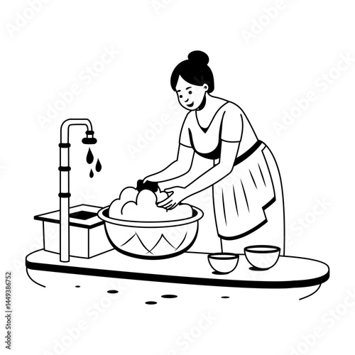 A poor lady washing dishes illustration in glyph style 
