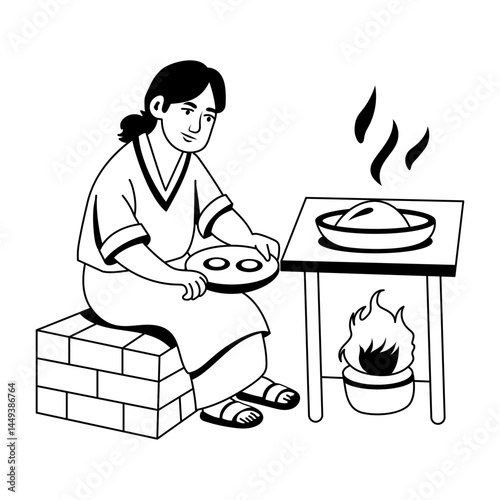 A poor woman cooking food on fire, glyph style illustration 
