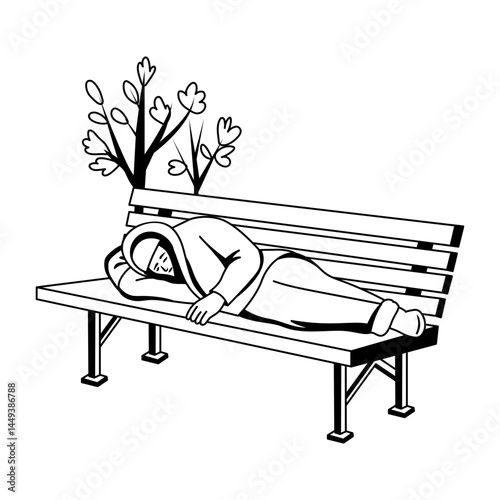 Homeless character sleeping on bench illustration in glyph style 
