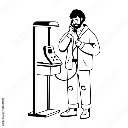 A glyph illustration of character using public phone 