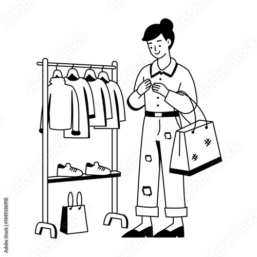 A glyph illustration of woman doing shopping from flea market 
