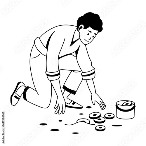 A glyph illustration of character collecting coins from ground 
