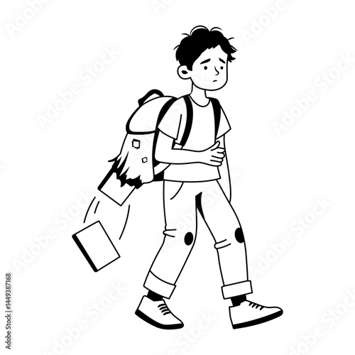 Books falling from worn bag of poor child, glyph illustration 