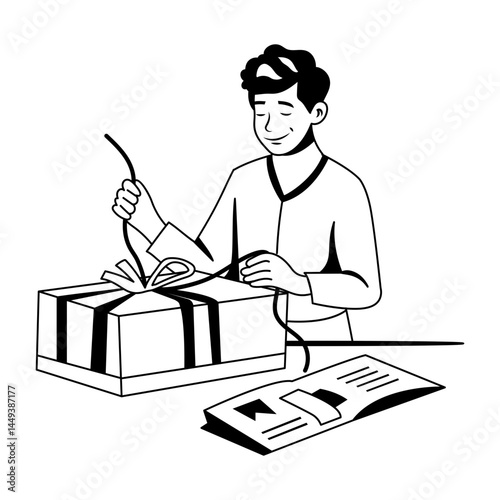 Gift wrapping illustration of a character in glyph style 
