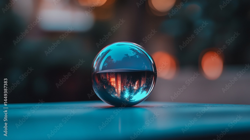 Fototapeta premium A crystal ball reflecting a blurry city skyline at night.