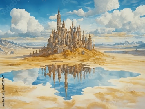 mirror desert with upside down castles reflected in firmament