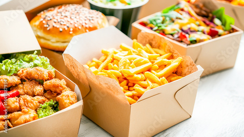 Takeaway food boxes on white, fast food, meal prep packaging photo