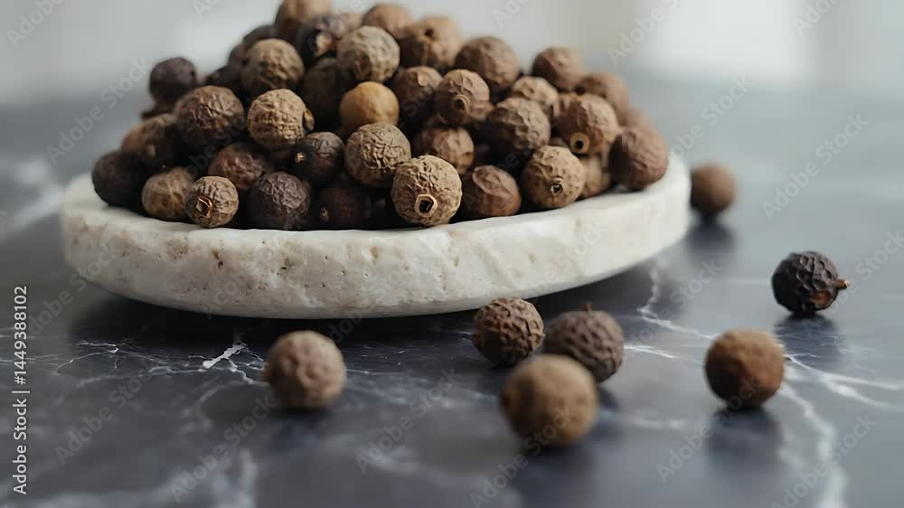 Whole allspice berries in round wooden bowl Whole allspice berries in round wooden bowl