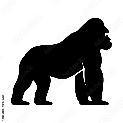 Silhouette of a powerful gorilla walking on all fours against a white background