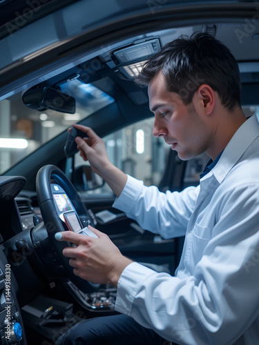 Specialist technician verifying lighting system stability in an electric vehicle, ensuring high-performance LED quality