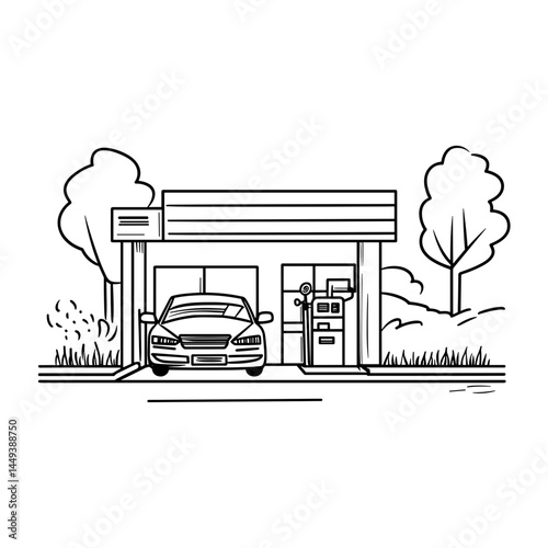 Car Service Station Outline Drawing with Trees in the Background  