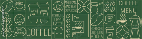 Geometric coffee and tea pattern in minimalist style. Abstract print background with simple shapes for coffee shop, food packaging, cafe wall, menu.