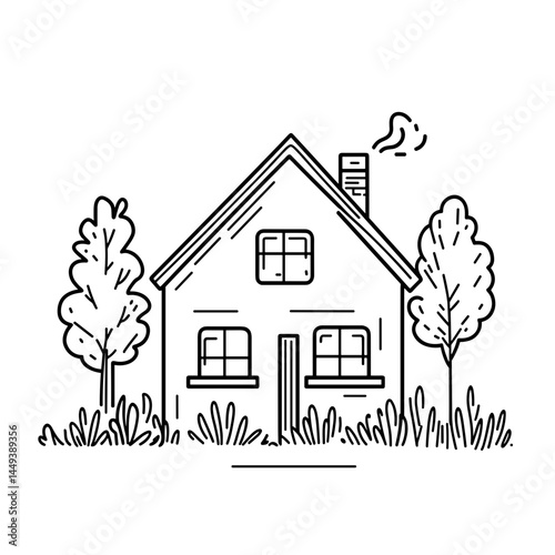 Simple Line Drawing of a Bungalow Surrounded by Trees  