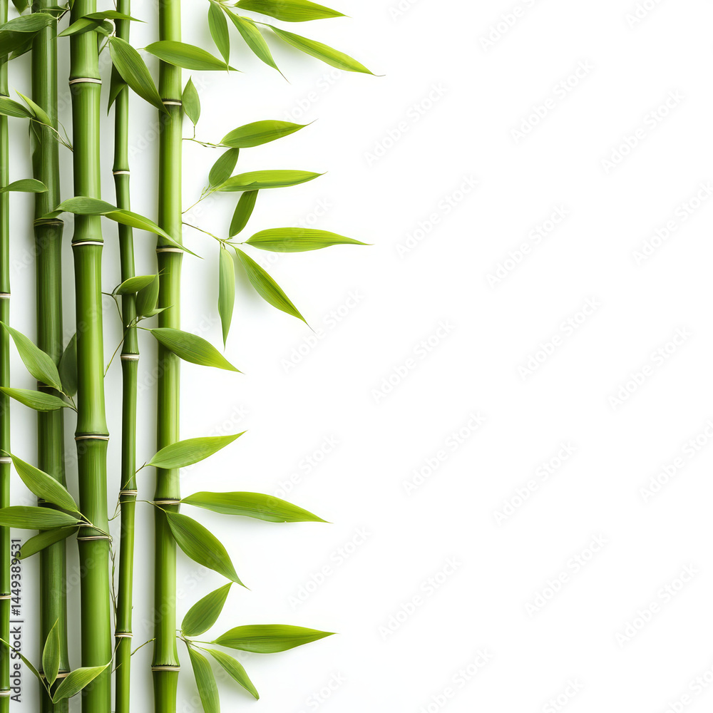 Naklejka premium Green bamboo with leaves arranged beautifully on white background, creating serene atmosphere