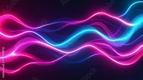 Abstract neon lights background with fluid wave patterns in radiant pink, blue, and violet hues.  