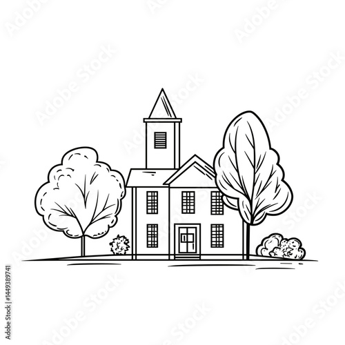 Simple black line drawing of a school building with trees  