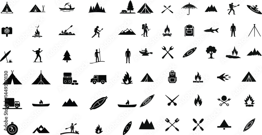 Naklejka premium camping icon set, outdoor adventure icons, black silhouette tent vector
