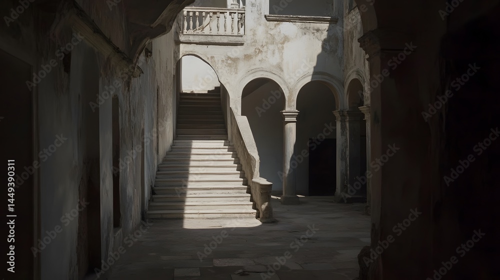Obraz premium Sunlit Stone Staircase in Old Abandoned Building