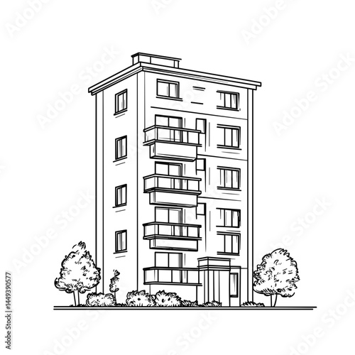 Apartment Building Illustration with Surrounding Landscape  