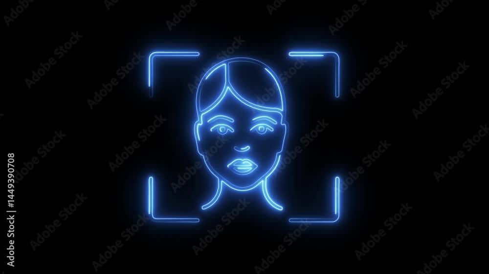 Futuristic face scan technology neon glowing animation on black background,visual representation of biometric security and facial recognition Futuristic face scan technology neon glowing animation on black background,visual representation of biometric security and facial recognition