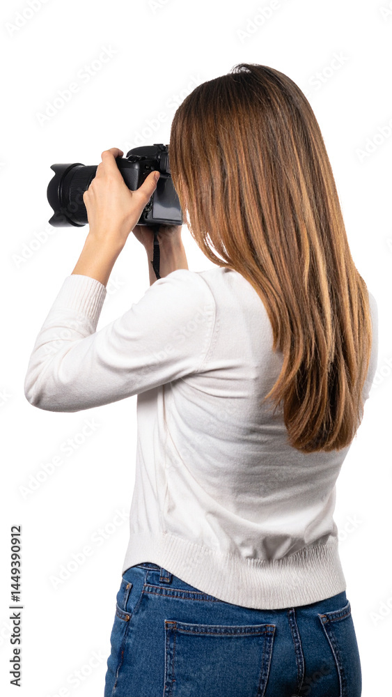 A person is taking a picture with a digital camera, facing backwards, isolated on transparent background, high quality photo