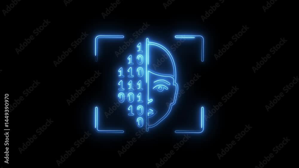 Facial recognition technology interface with neon glowing binary code animation on black background Facial recognition technology interface with neon glowing binary code animation on black background