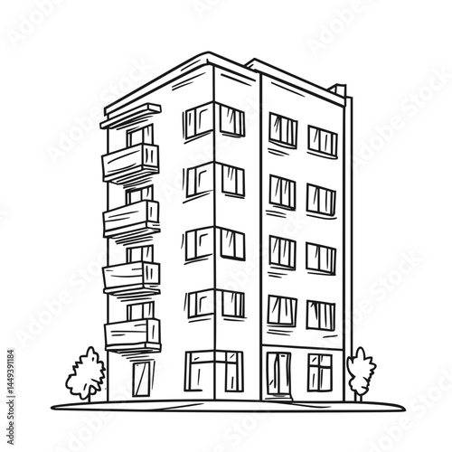 Apartment building sketch with trees in a minimalist style  