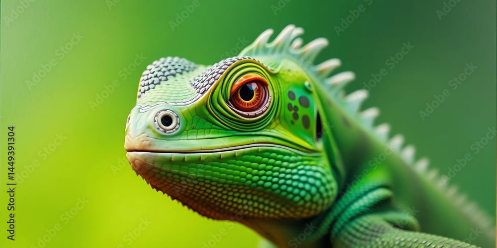 a green iguana, showcasing its detailed features. The iguana's skin is a vibrant green with patches of darker green and brown, providing a textured appearance