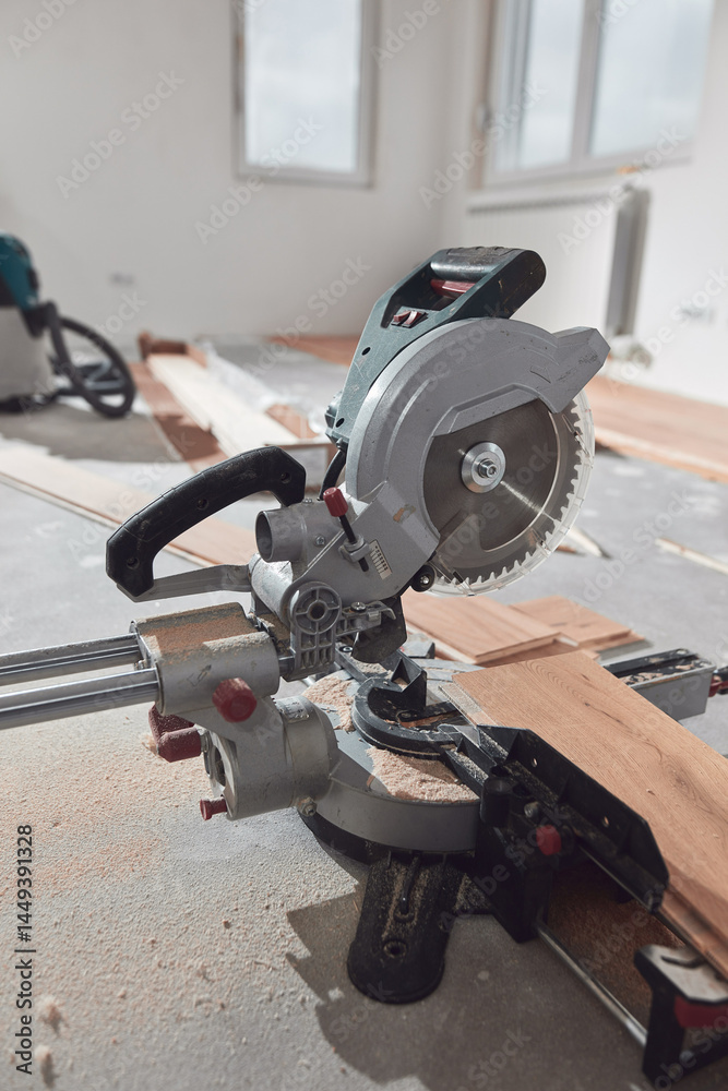 Circular saw for cutting laminate hardwood floor.