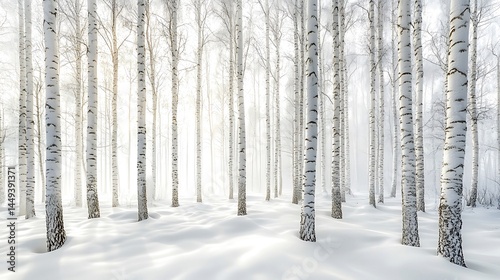 Serene Winter Birch Forest Snowy Landscape White Trees Cold Calm Bark Cold Pure Scene Woods Quiet   