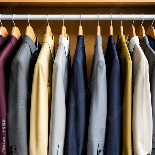 A selection of tailored jackets hangs on a clothing rack in a retail store.