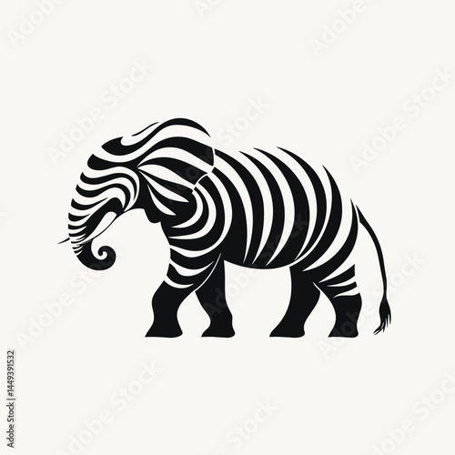 Black and White Zebra-Striped Elephant Silhouette in Minimalist Style  