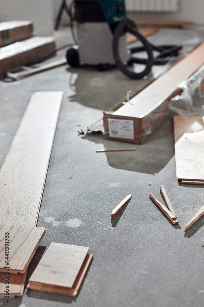 Assembling new laminate hardwood floor.
