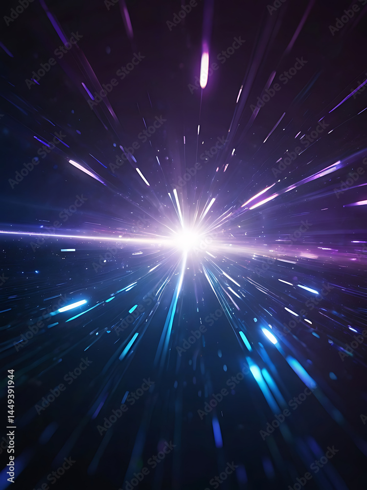 Fototapeta premium Galactic Light Explosion with Purple and Blue Rays in Deep Space, Sci-Fi Energy Burst AI