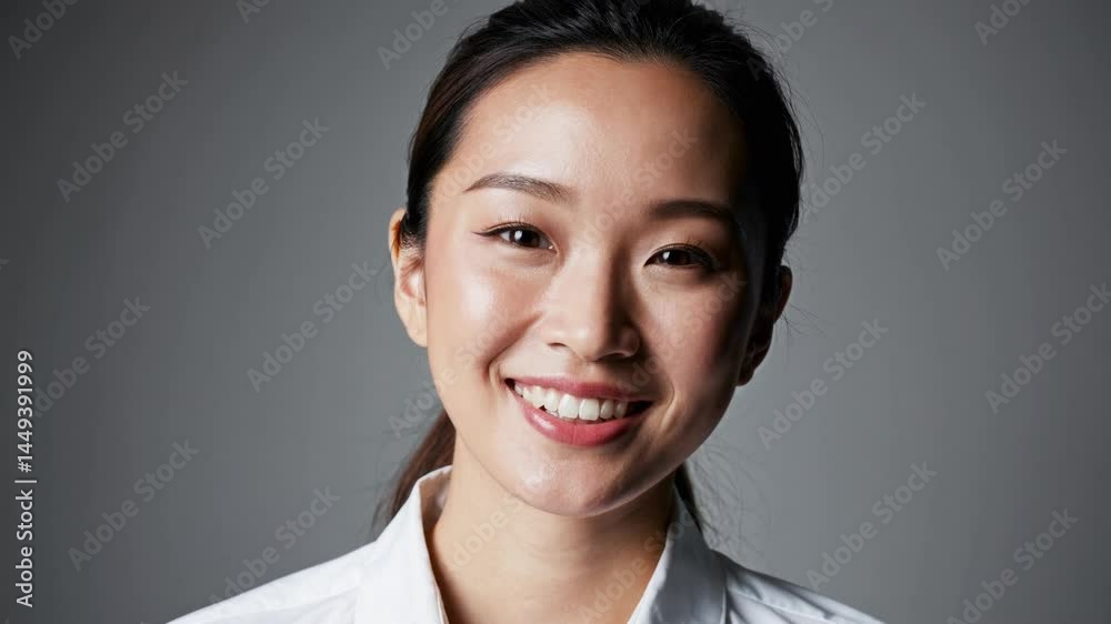 Smiling woman expressing joy against a neutral background Smiling woman expressing joy against a neutral background