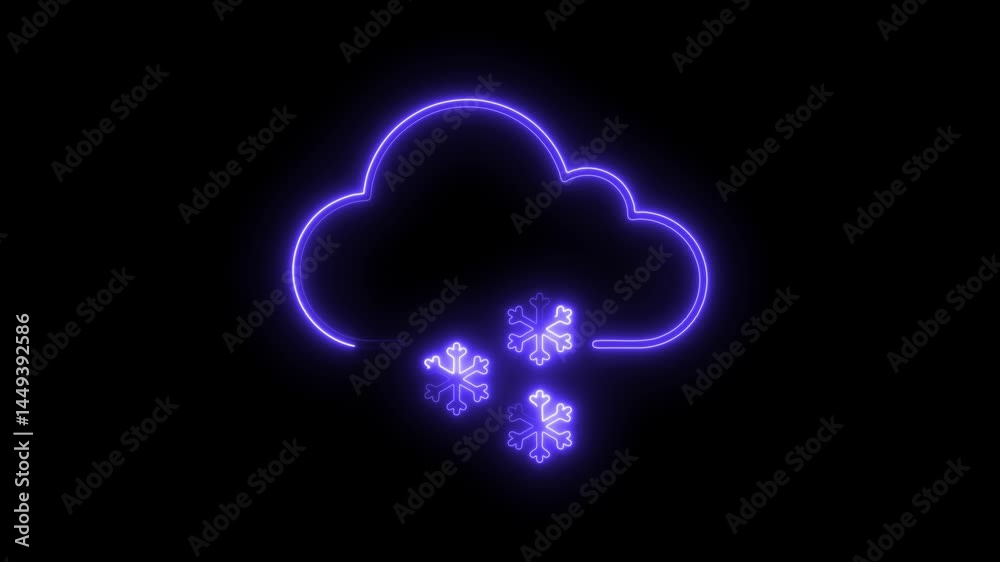 Neon cloud and snowflakes animation on black background winter weather Neon cloud and snowflakes animation on black background winter weather