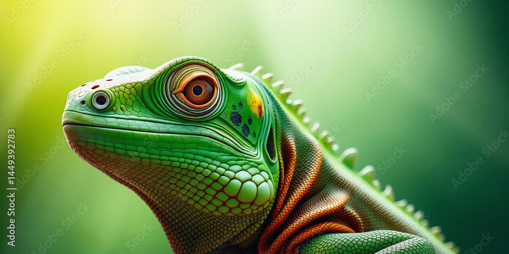 a green iguana, showcasing its detailed features. The iguana's skin is a vibrant green with patches of darker green and brown, providing a textured appearance a green iguana, showcasing its detailed features. The iguana's skin is a vibrant green with patches of darker green and brown, providing a textured appearance