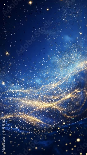 Abstract blue night sky with glowing stars and cosmic particles evokes a deep space nebula