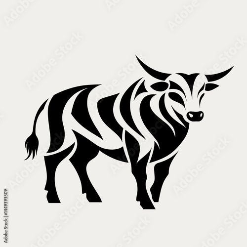 Black and White Silhouette of a Bull in Abstract Style  